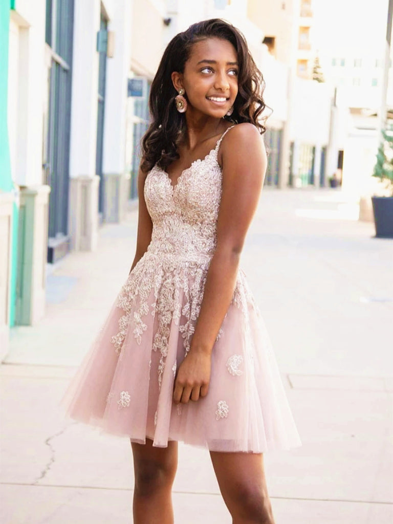 A Line V Neck Short Pink Lace Prom ...